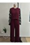 Women's Long Sleeve Crew Neck Tulle Viscose Two-Thread Blouse and Trousers Two-Piece Set - 3