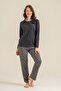 Women's anthracite long sleeve pajama set, pocketed, buttoned collar, 50% cotton 50% modal fabric - 2