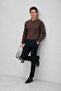 Men's Striped Zippered Polo Collar Dark Brown Knit Sweater - 4
