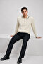 Men's Striped Zippered Polo Collar Cream Knit Sweater - 6