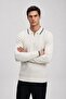 Men's Striped Zippered Polo Collar White Knit Sweater - 4