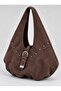 Brown Suede Women's Large Size Hobo Shoulder Bag with Metal Stud Detail and Lock Accessory - 2