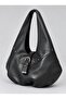 Black Women's Large Size Hobo Shoulder Bag with Metal Studs and Lock Accessories - 2