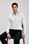 Men's Striped Zippered Polo Collar White Knit Sweater - 5