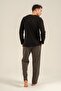 Men's Black 100% Cotton Long Sleeve Pajama Set, Crew Neck, Pocket Detail - 4