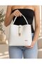 Women's Hand and Shoulder Bag with Logo, Gold Buckle, Double Strap, Zipper, White