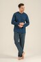 Men's dark indigo 100% cotton pajama set, buttoned crew neck, pocket detailed - 2
