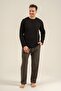 Men's Black 100% Cotton Long Sleeve Pajama Set, Crew Neck, Pocket Detail