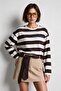 Striped Printed Oversize Knitted Sweatshirt Lub0398 Brown Ecru - 2