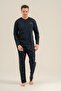 Men's Navy Blue 100% Cotton Pajama Set, Buttoned Crew Neck, Pocket Detail - 2