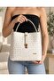 Women's Hand and Shoulder Bag with Logo, Gold Buckle, Double Strap, Zipper, White Cream