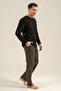 Men's Black 100% Cotton Long Sleeve Pajama Set, Crew Neck, Pocket Detail - 8