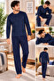 Men's Pajama Set Long Sleeve Navy Blue Patterned Top and Bottom Set - 3
