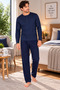 Men's Pajama Set Long Sleeve Navy Blue Patterned Top and Bottom Set - 2