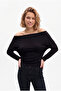 Women's Black Asymmetrical Collar Waist-Fitted Long Sleeve Modal Cotton Blouse