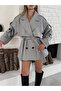 Oversized Buttoned Short Checked Coat with Belt Detail - 3