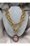 Gold Thick Chain Necklace – Pink Oval Stone Detailed Multi-Row Glamorous Statement Women's Necklace Jewelry