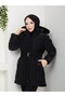 Women's Nova Fabric Large Size Black Hooded Fur Detailed Belted Inflatable Coat 42-52 - 4