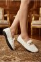 Women's White Plush Comfortable Ballerina Shoes with Chain Accessories, Suitable for Home and Daily Wear - 3
