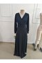 Women's long sleeve, double-breasted collar, side-slit, long janjan crepe dress - 4
