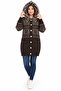 Women's Plush Hooded Patterned Knitted Cardigan Brown