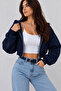 Navy Blue Crop Zippered Short Cardigan - 2