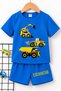 Excavator Printed Children's Saks Blue Shorts T-Shirt - Set - Children's Summer Crew Neck