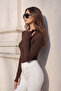 Women's Brown Half Turtleneck Basic Blouse with Finger Detail - 4