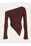 Burgundy Asymmetrical Collar One-Shoulder Long Sleeve Women's Blouse Ribbed Pointed Cut Stylish Blouse - 6