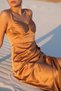 Bustier Cut, Flowing Textured Asymmetrical Skirt, Slit, Thick Straps, Low-Cut Skirt, Engagement Event Cocktail Satin Evening Dress - 3