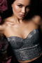 Feminine Molded Shiny Glitter Top with Chest Pads and Adjustable Back Buckle Black Straps Metallic Gray Night Club Leisure Cocktail Party Event Blouse Crop - 6