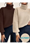 Women's Coffee-Beige 2-Pack High-Neck Oversize Knitwear Sweater Ribbed Flowy Soft Textured Cotton Turtleneck