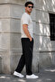 Men's Black Ribbed Baggy Sweatpants Comfortable Fit Wide Leg 2 Straps - 4