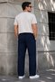 Men's Navy Blue Ribbed Baggy Sweatpants Comfortable Fit Wide Leg 2 Straps - 5