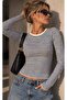 Crew Neck Long Sleeve Striped Stretchy Blouse - 2