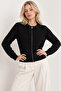 Women's Black Zippered Crew Neck Patterned Premium Knitwear Cardigan (Size S/M) - 4