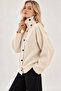 Women's Cream High Collar Shoulder Patches Buttoned Oversize Knitwear Cardigan - 5