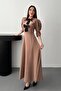 Camel Front Low-Cut Long Dress with Bow Garnish - 2