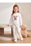 Girl's White Teddy Bear Printed Crew Neck Tracksuit Set - 2