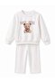Girl's White Teddy Bear Printed Crew Neck Tracksuit Set - 6