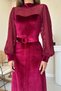 Burgundy Velvet Dress with Lace Detail - 3