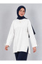 Women's White Oversize Modal Fabric Slit Detailed Crew Neck Hijab Tunic