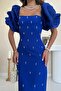 Cobalt Blue Embroidered Sleeve Garnished Dress - 5