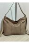 Suede Large Size Women's Shoulder Bag with Belt Detail and Front Pocket - 3
