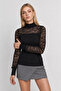 Patterned Tulle Detailed Ribbed Knitted Blouse Lrn0070 Black