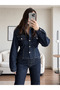 Navy Blue Waist-Slit Jacket and Trousers Denim Set - 6