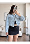Blue Six-Rip Laser Crop Denim Jacket