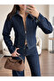 Navy Blue Double Zipper Denim Suit - 5