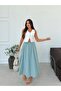 Women's Turquoise Comfortable Cut Maxi Skirt with Elastic Waist and Pockets - 4