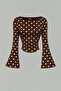 Dark Brown White Polka Dot Boat Neck Spanish Sleeve Gathered Long Sleeve Blouse, Bitter Coffee Polka Dot Blouse - 3